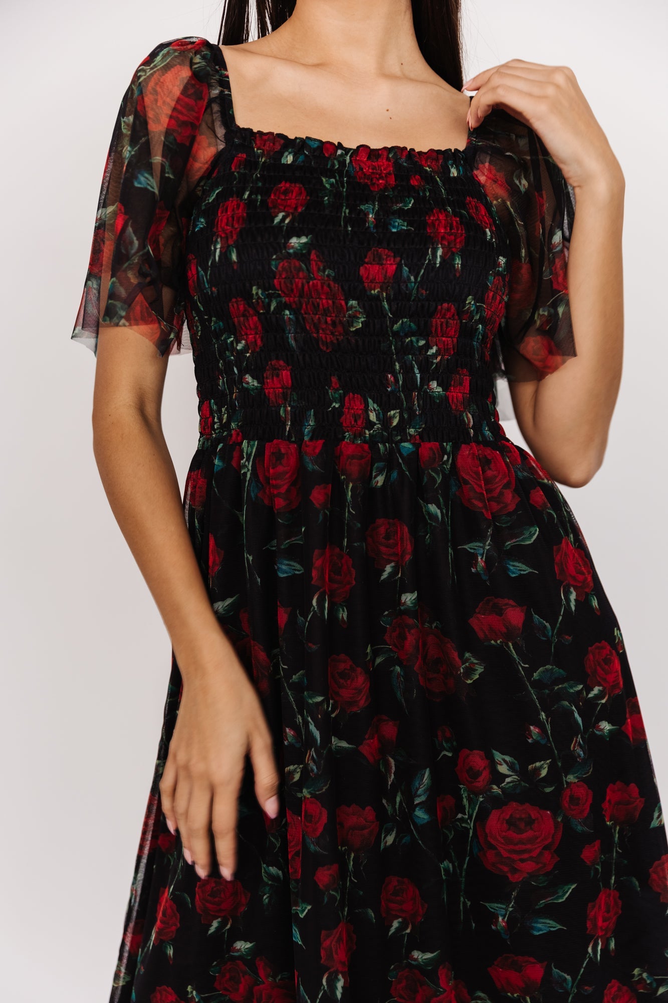 black dress with red roses